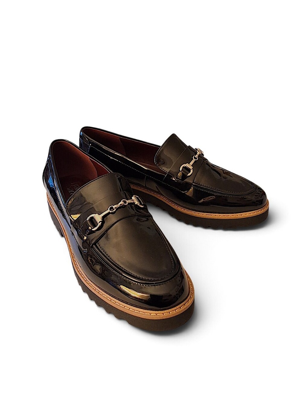 Franco Sarto Colette Black Patent Horsebit Lug Sole Loafers – Size 9.5 Wide